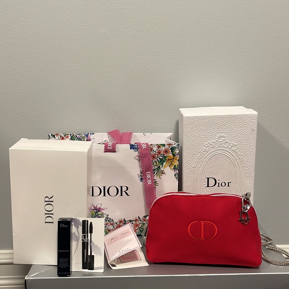 Dior red cosmetics pouch to shoulder bag
